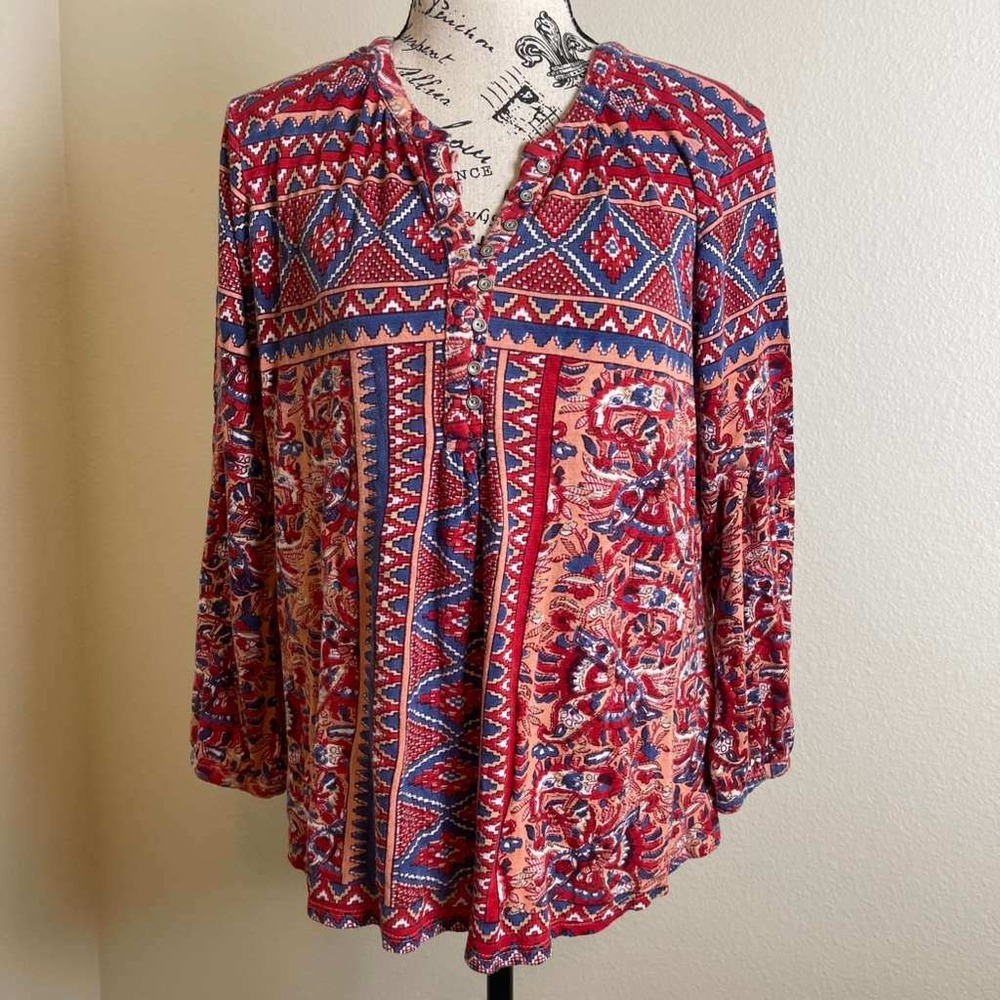 Lucky Brand Womens Red Blue Geometric Floral Boho Peasant Henley‎ Blouse Medium